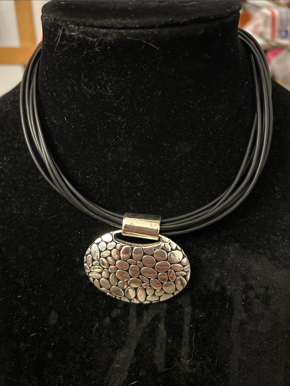 NWOT Multi-Strand Black Cord Necklace with Textured Silver Pendant